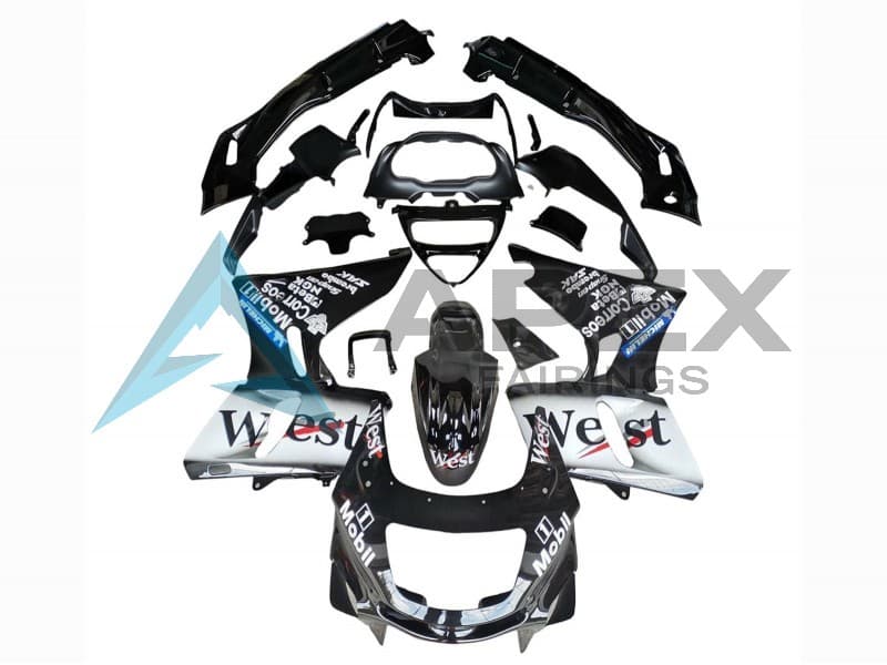 Glossy Black White West - Kawasaki ZZR600 (1998-2003) ABS Fairings | Apex Fairings